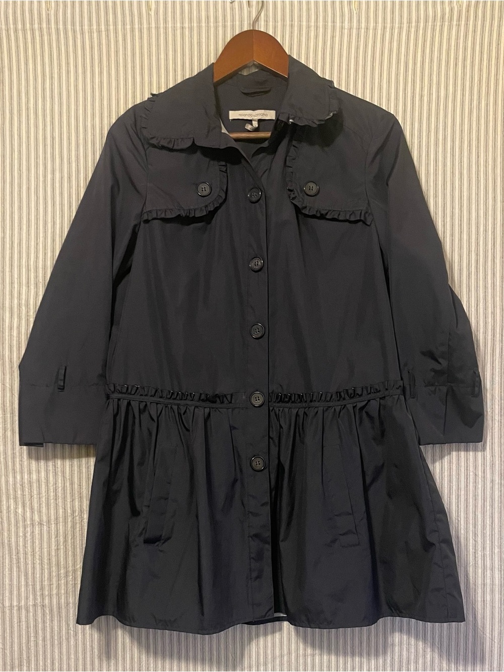 Rolando Santana Madison Navy Ruffle Raw Edge Button Front Sz 8 Jacket Coat #782